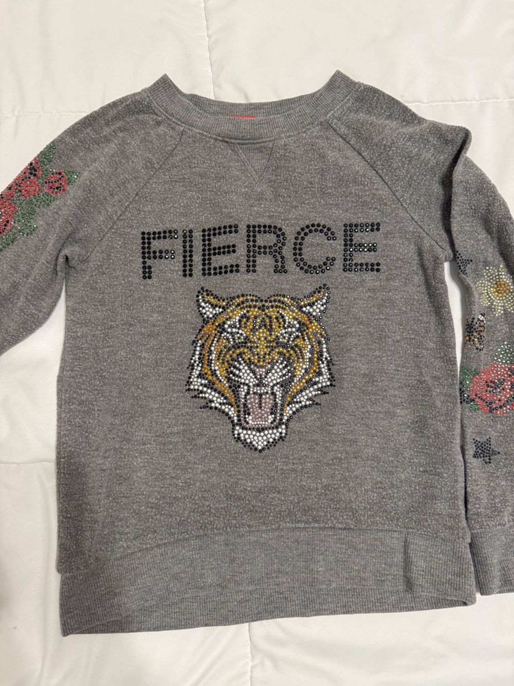 Butter Gray Jeweled Tiger Sweatshirt with Floral Sleeve Accents